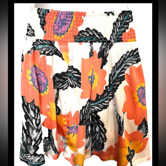 FREE PEOPLE Floral Mini Skirt Smocked Pull Up Orange Black Full Medium - Picture 5 of 8